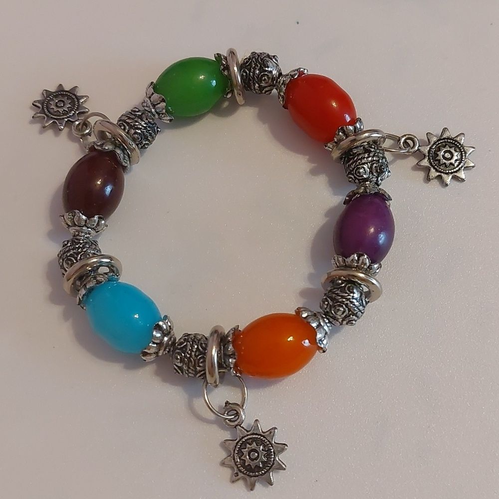 Multicolor Skittles Candy Beads Bali Style Silver Tone Aztec Charmed Bracelet